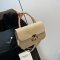 Cream leather handbag with woven texture flap and gold horseshoe clasp for commuting - Khaki