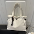 White large capacity commuter tote bag with black drawstring details and woven rope charm - No Pendant / White