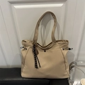 Cream large capacity tote bag with drawstring side detail and stripe knot charm - No Pendant / Khaki