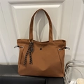 Brown canvas tote bag with wide shoulder strap and drawstring detail for daily commute - No Pendant / Brown