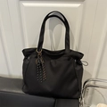 Minimalist black nylon tote bag for women with drawstring side and decorative cord - Black
