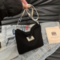 Bolso de pana negra con parche de Myron Bear y correa de cadena de metal plateado cuero - Negro