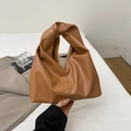 Caramel brown ruched cloud bag with a unique knot handle design in high-quality PU leather - Khaki