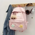Rosafarbener Nylon-Rucksack für Schüler mit bunten Stern-Patches und einem Plüschbär-Anhänger - Ohne Anhänger / Rosa
