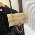 Beige woven crossbody bag with gold chain strap and interlocking geometric lock - Khaki