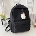 Mochila escolar negra minimalista con un lindo colgante de oso de peluche blanco - Sin Colgante / Negro