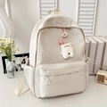 Mochila de nailon blanco crema con colgante de oso y gran capacidad escolar - Sin Colgante / Blanco Roto