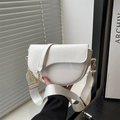 Chic white saddle crossbody bag with metal chain detail and wide fabric shoulder strap - White