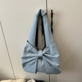 Hellblaue Denim Hobo Schultertasche mit großer dekorativer Schleife im Retro-Stil - Hellblau