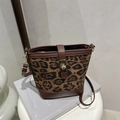 Retro leopard print bucket bag with brown leather trim and golden metal clasp closure - Brown