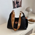 Bolso hobo de nylon negro de gran capacidad con correas marrones en contraste - Negro