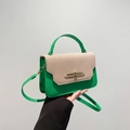 Elegant green leather handbag with beige woven flap and golden metal lock detail - Green