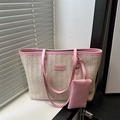 Sac fourre-tout en paille beige et rose avec petite pochette assortie et doubles anses - Rose