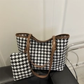 Grand sac cabas à motif pied-de-poule avec anses marron et petite pochette assortie - Noir