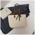 Top view of cream tote bag with brown handles, striped scarf detail and fashion text - No Pendant / White