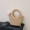 Helle beige gewebte Strohhandtasche mit schwarzen Punkten und Holzperlen-Quastenanhänger - Ohne Anhänger / Khaki