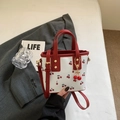 Mini bolso bandolera blanco con estampado de cerezas, asas rojas y colgante de cereza - Sin colgante / Rojo