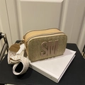 Beige straw camera bag with SM letter patch and wide jacquard woven strap - Khaki