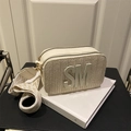 Cream woven crossbody bag with SM 3D letters and geometric wide jacquard strap - White