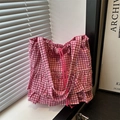 Sac fourre-tout à carreaux roses et blancs avec volants et cordon de serrage - Rose