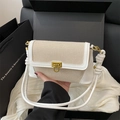 French retro shoulder bag in beige canvas and white leather with gold buckle detail - White