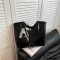 Large black oil-wax leather tote bag with elegant pearl lace bow charm for daily commuting - Black