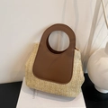 Retro color-block straw handbag with beige V-pattern weave and brown leather handles - Brown