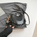 Black glossy bucket bag with woven handle, gold hardware and rabbit charm pendant - No Pendant / Black