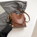 Brown PU leather bucket bag with braided handle and cute rabbit charm detail - No Pendant / Brown
