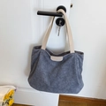 Dusty blue corduroy tote bag with light brown straps and fashion leather patch - Gray