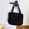 Minimalist black corduroy tote bag for women with leather straps and fashion label - Black