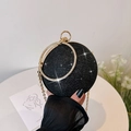 Elegant black glitter spherical evening bag with gold rhinestone handle and chain strap - Black
