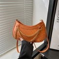 Orange faux crocodile leather half-moon handbag with gold chain detail and studs - Orange
