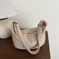 Minimalist beige corduroy half-moon tote bag with adjustable wide strap for daily commute - Khaki