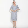 Sky blue lace maternity dress with medium sleeves and elastic waist in a slim fit style - S / Light Blue