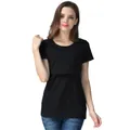 Short sleeve nursing t-shirt in black cotton with functional double-layer nursing design - S / Black