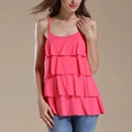 Detail of multi-layered ruffles and thin shoulder straps on rose pink modal nursing camisole - M / Watermelon red