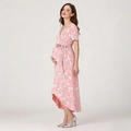 Detail of pink floral maternity dress showing V-neckline and adjustable drawstring waist - M / Pink