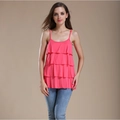 Detail of layered ruffle tiers on a hot pink modal nursing tank top for summer - M / Pink