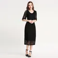 Elegant maternity black lace mid-length dress with round neck and half sleeves - XS / Black