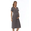 Short sleeve V-neck maternity dress in brown and grey stripes with knee-length cut - S / Coffee
