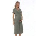 Detail of V-neck nursing access on green and white striped cotton maternity dress - S / Olive Green