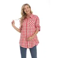Dettaglio della camicia premaman a quadri rossi con abbottonatura e linguetta manica - S / Rosso