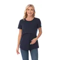 Navy blue maternity nursing top with layered double opening for easy breastfeeding access - XS / Dark Blue