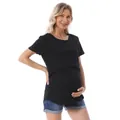 Detail of a black short-sleeve maternity T-shirt with high-elastic fabric for comfort - S / Black