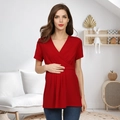 Short sleeve V-neck maternity top in red with wrap crossover design and pleated waist - S / Burgundy