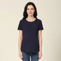 Detail view of navy blue short sleeve maternity nursing t-shirt with curved hem design - S / Dark Blue