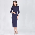 Detail of slim-fit navy blue maternity dress with functional nursing layers and 3/4 sleeves - S / Solid Navy Blue (H)