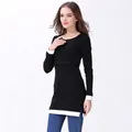 Detail view of black long sleeve maternity top featuring white ribbed contrast cuffs and hem - S / Black