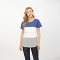 Three-tone short sleeve nursing T-shirt with blue, white, and grey striped panels - Blue